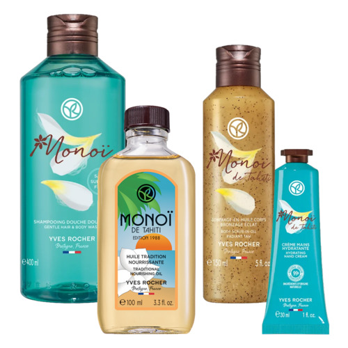 Zestaw Monoi Suchy olejek nawilżający ciało i włosy & Szampon-żel pod prysznic & Peeling w olejku & Krem do rąk